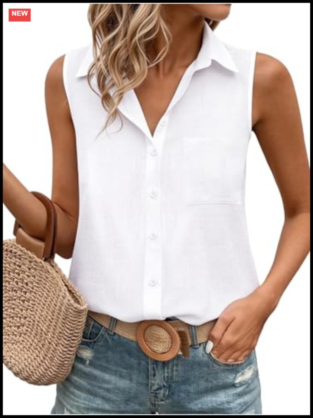 Sleeveless Button Down Shirt 100% Cotton Blouse Collared Tank Top